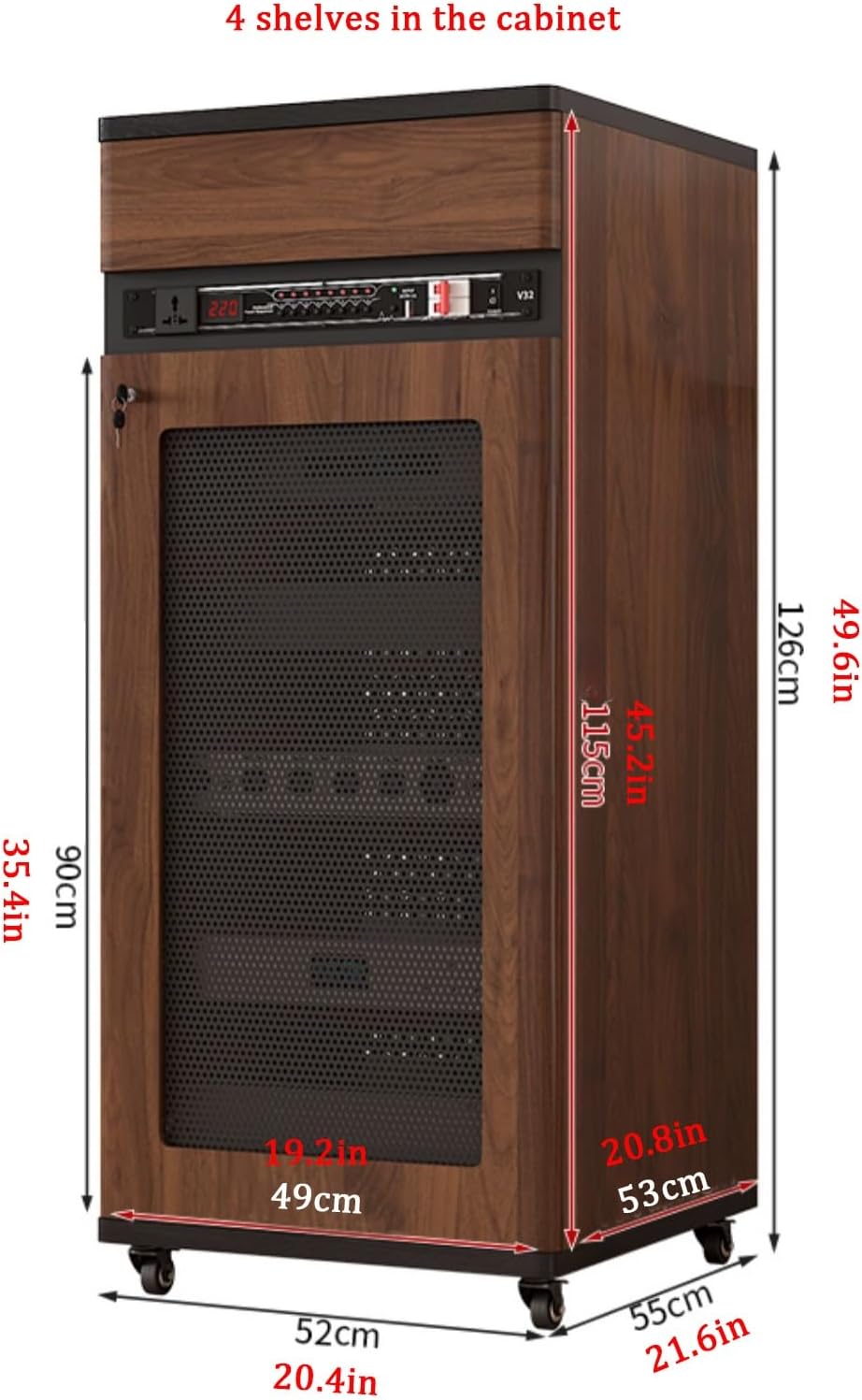 Lockable Media Storage Cabinet with Rolling Design, Adjustable AV Rack on Wheels, Cable Management, Black Stereo Console, 52x55x126cm - Ideal for Home Theater & Entertainment Systems