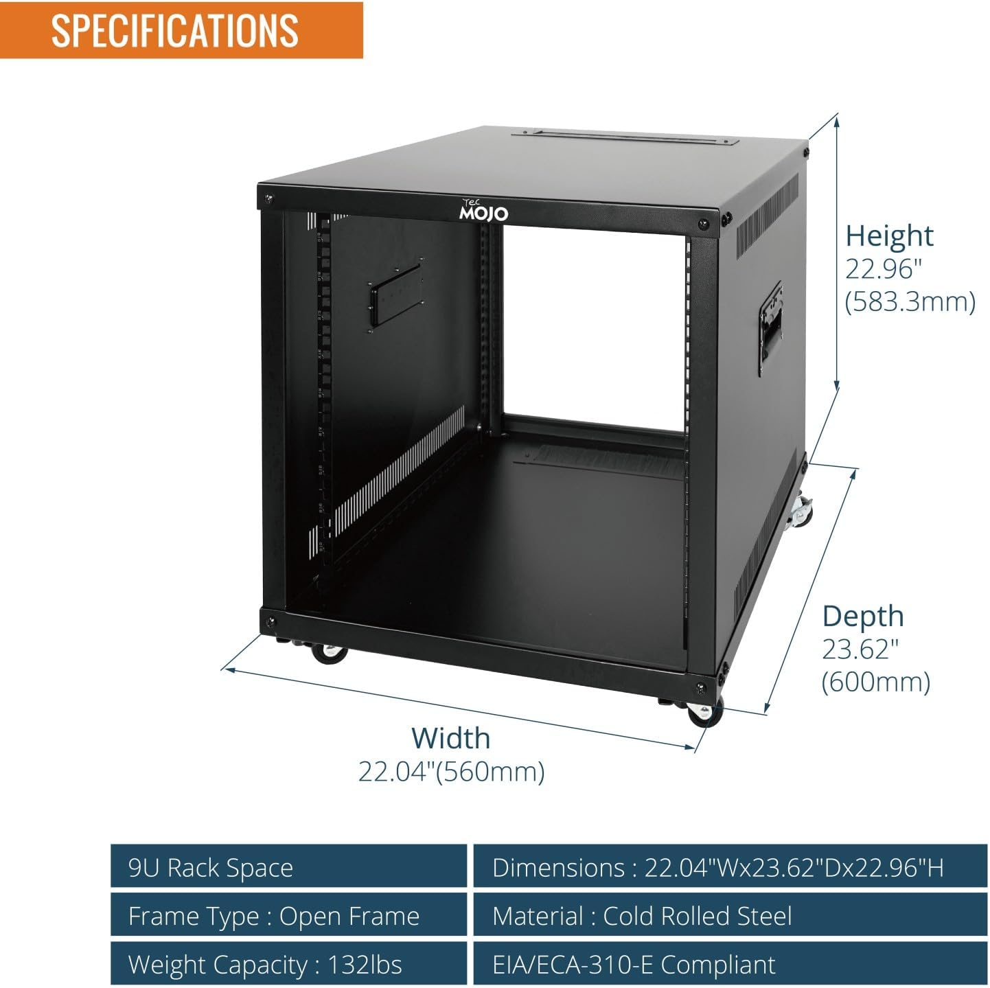 Tecmojo 9U Portable Rolling Network Rack, 4-Post Mobile Open Frame Server Rack with Wheels, Free Standing Server Cabinet for Computer/Data/AV/IT Equipment/Network Equipment