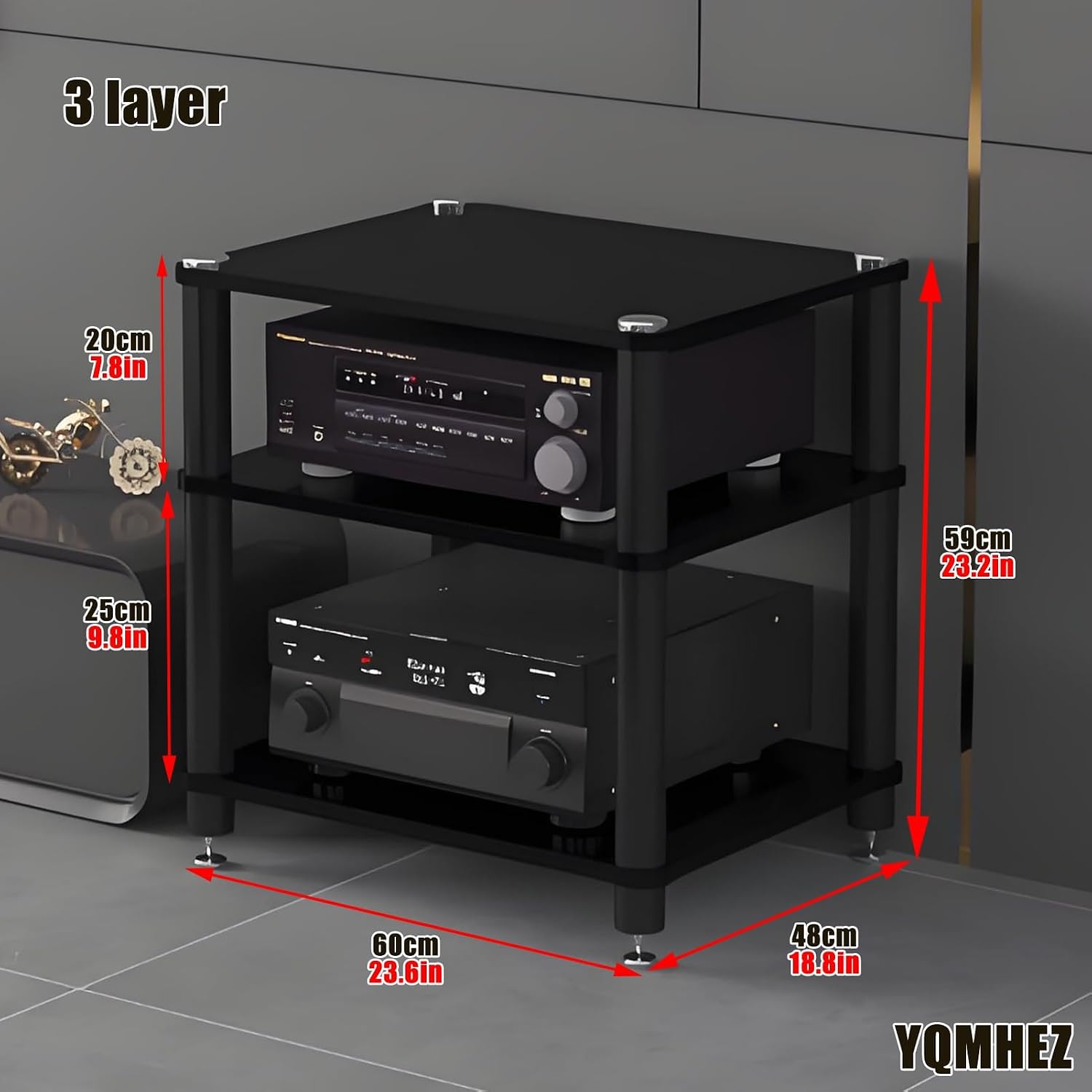 Media Storage Cabinet, Audio Video, Multi-Function Open Storage TV Stand, with Shock-Absorbing Feet Power Amplifier Shelf Equipment Cabinet for Living Room(Black,23.6'x18.8'x23.2')
