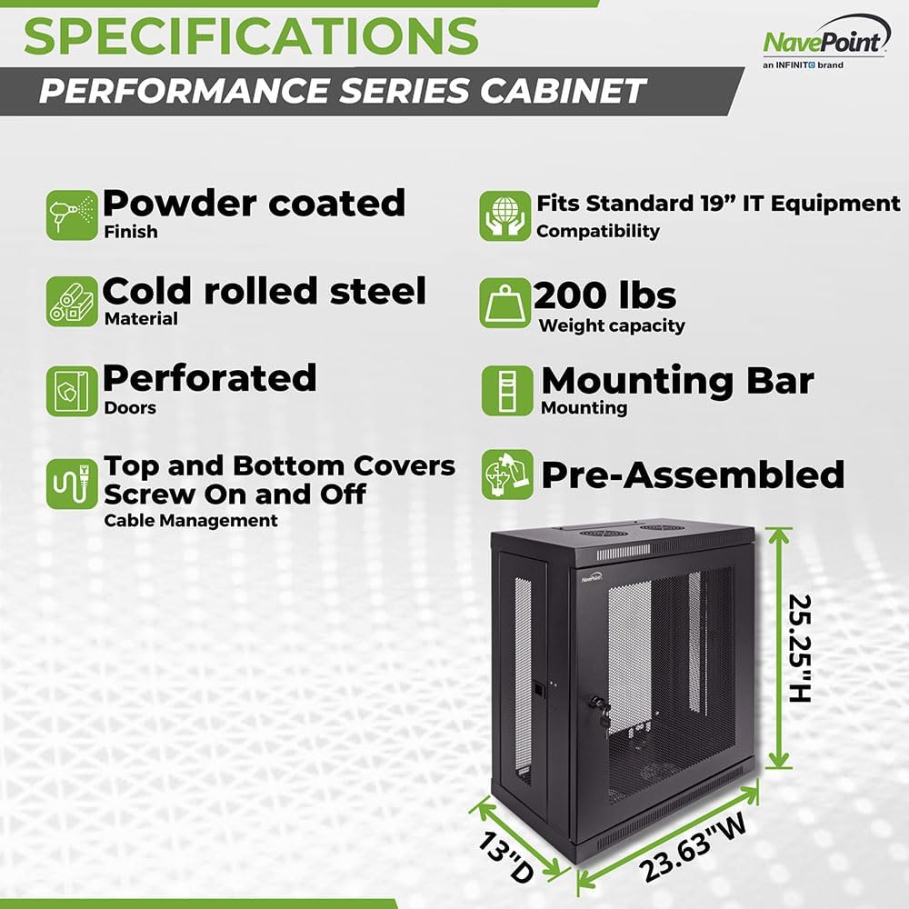 NavePoint 12U Server Cabinet Wall Mount Rack Enclosure with Perforated Door, Locking, Removable Side Panels – 12U Network Cabinet 13' Deep, 19 Inch Server Rack for IT and A/V Equipment