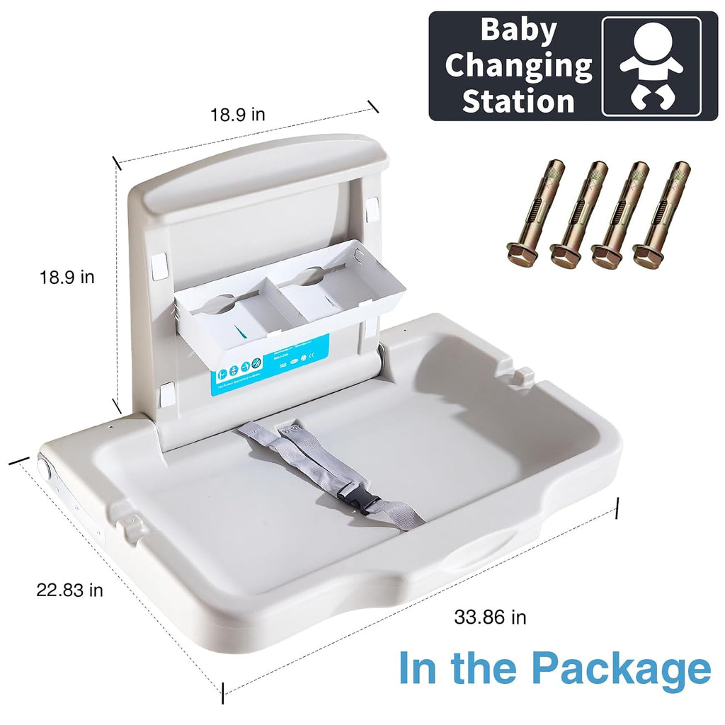 Baby Changing Station Wall Mounted, Baby Changing Table with Safrty Strap, HDPE Fold-Down Diaper Changing Station Table, Foldable Diaper Changing Unit for Commercial Bathroom Restroom