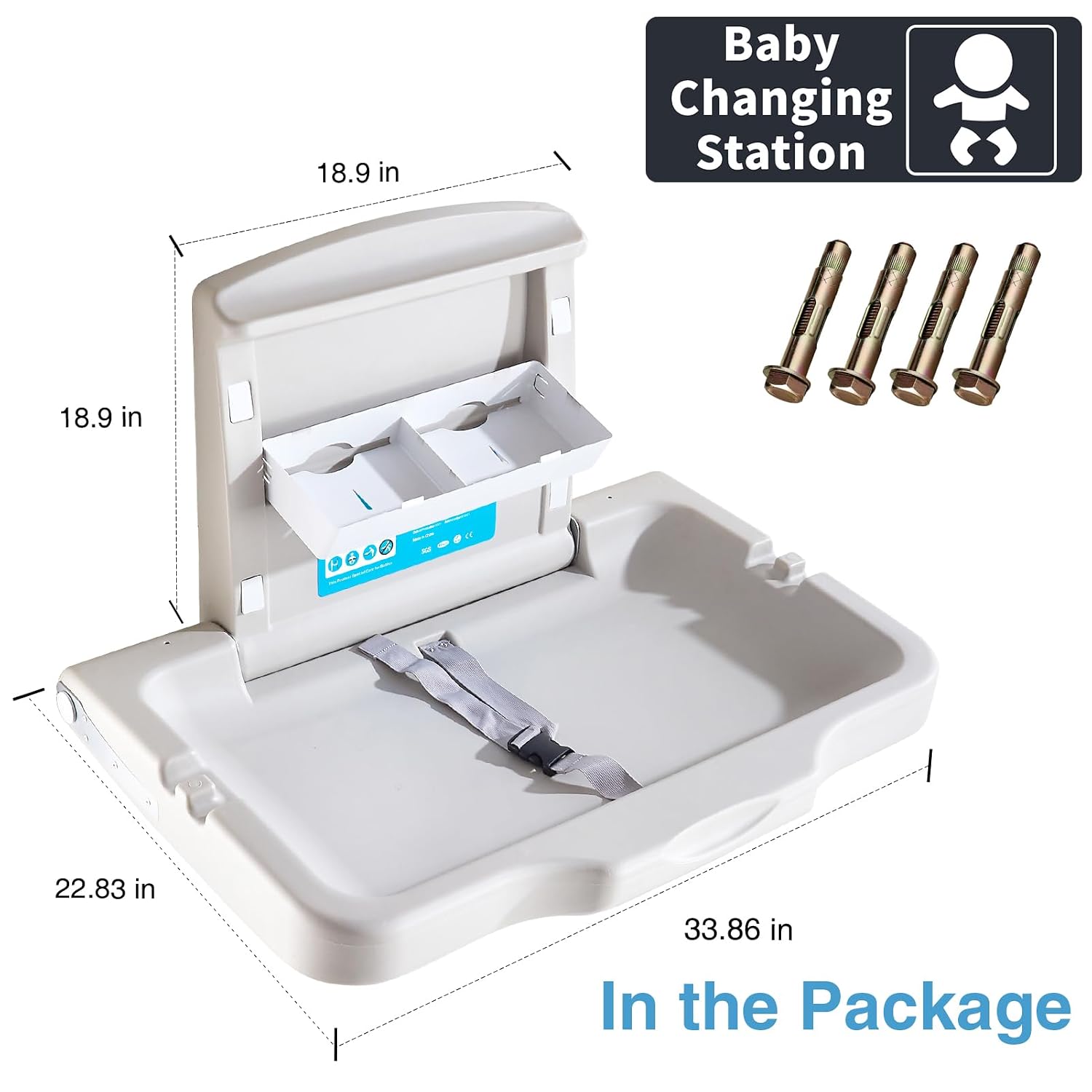 Baby Changing Station Wall Mounted, Baby Changing Table with Safrty Strap, HDPE Fold-Down Diaper Changing Station Table, Foldable Diaper Changing Unit for Commercial Bathroom Restroom