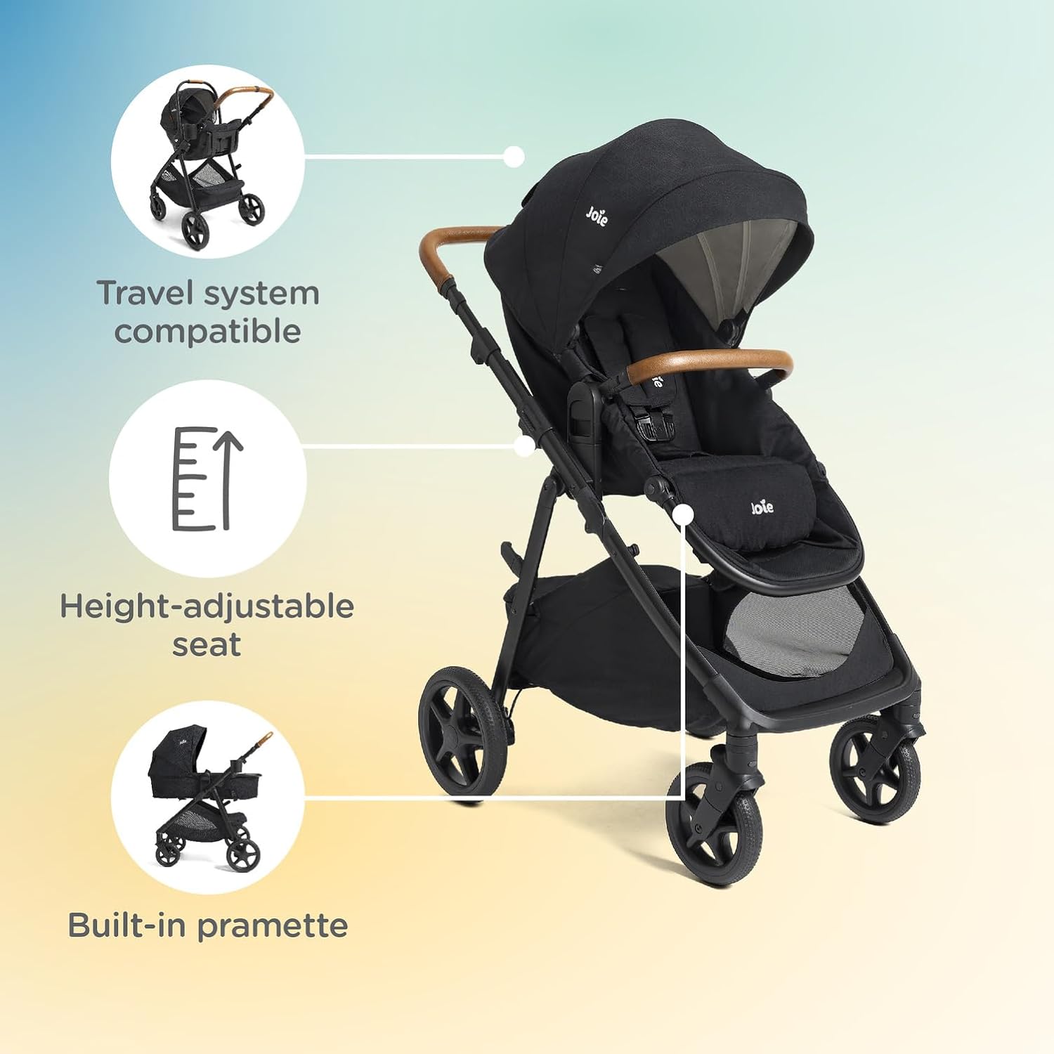 Joie Ginger 4-in-1 Convertible Pramette and Stroller with A Deep Recline, Height Adjustable seat, All-Terrain Wheels, Extra Storage – for Newborns and Toddlers (Mocha)
