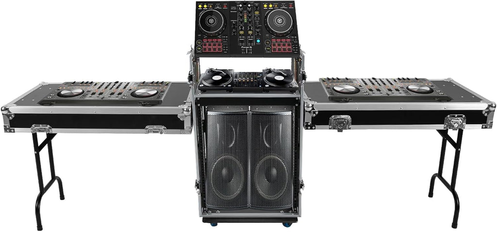 14U PA DJ Rack,Heavy Duty Mobile Studio Equipment Cabinet with 4 Wheels,2 DJ Work Tables,661.39 Capacity,for Dj/Pro Audio/Network Gear Storage