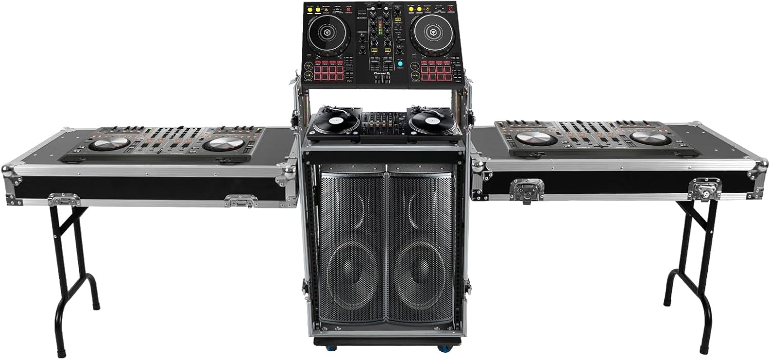 14U PA DJ Rack,Heavy Duty Mobile Studio Equipment Cabinet with 4 Wheels,2 DJ Work Tables,661.39 Capacity,for Dj/Pro Audio/Network Gear Storage