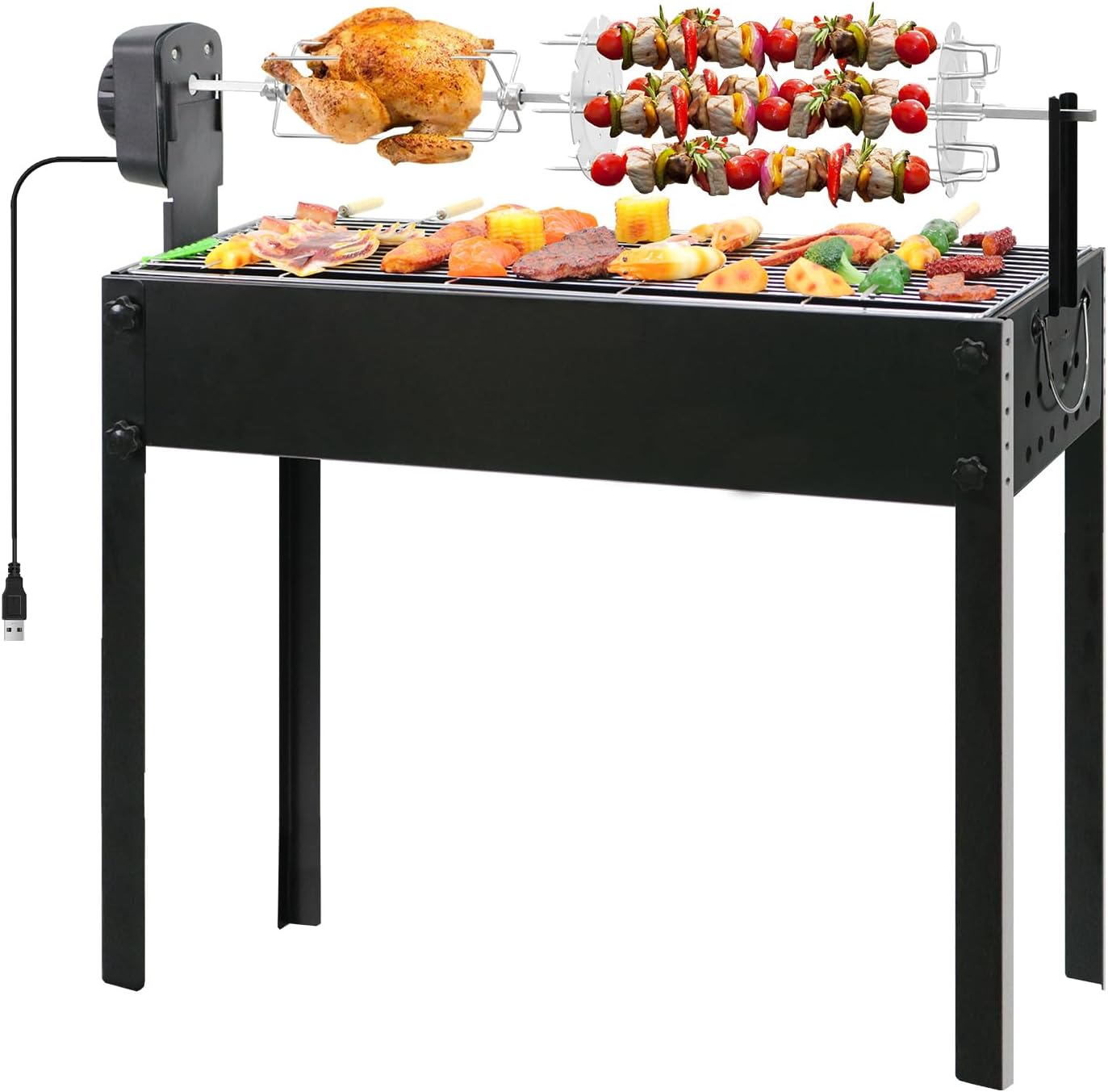 BESTHLS Barbecue Charcoal Grill with Electric Rotisserie Meat Forks & 6-Piece Skewer Set for Outdoor Cooking Camping Hiking Picnics Tailgating Backpacking or Any Outdoor Event