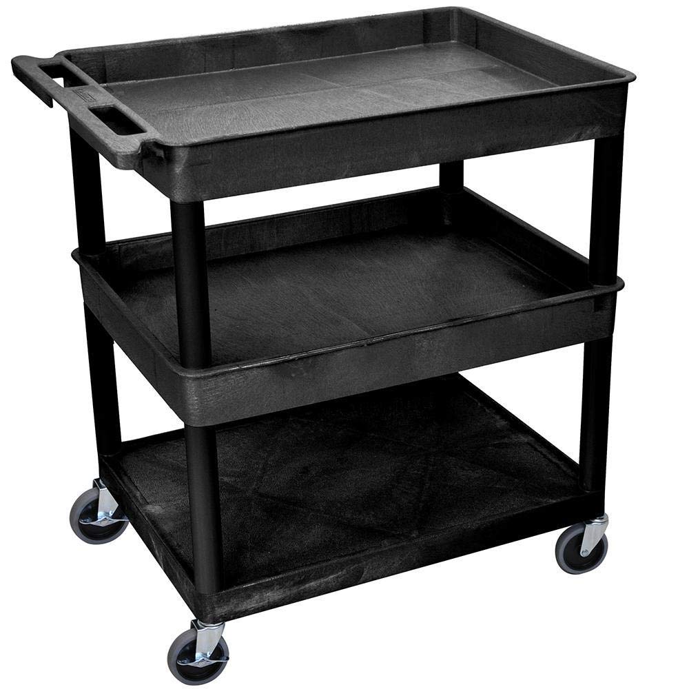 LUXOR TC112-B Large Tub Top/Middle and Flat Bottom Shelf Cart, Caster Wheels with Locking Brake, Assembly Required, 32'W x 24'D x 36.5'H, 133 lbs.