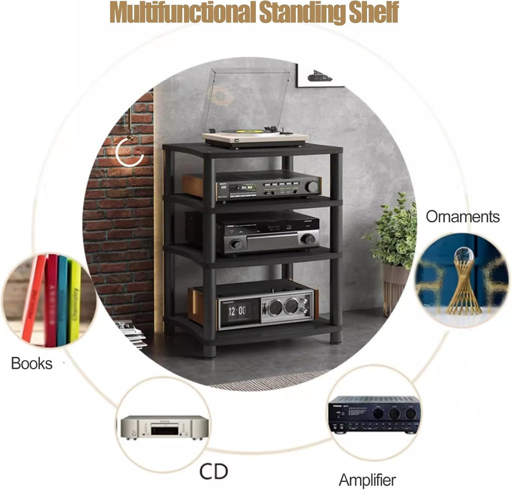 Compact Stereo Stand for Small Spaces - 2-Tier Wooden & Metal AV Component Media Rack, Heavy Duty Audio Equipment Cabinet for Living Room & Bedroom