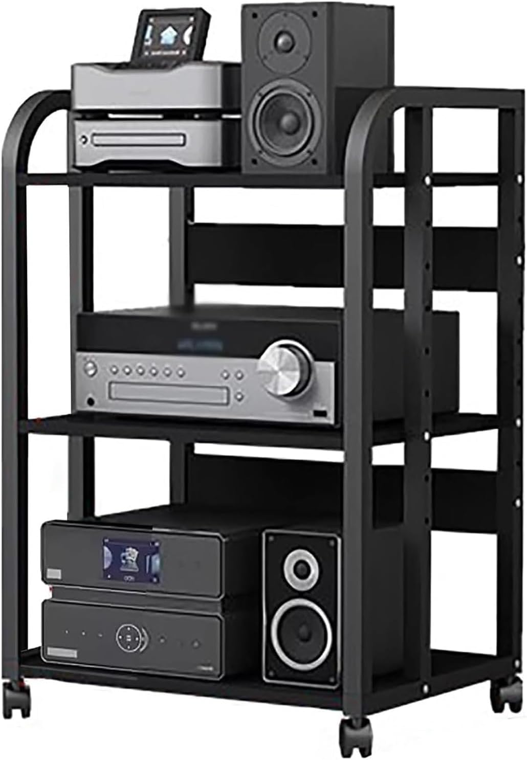 XingLi 3/4/5-Tier Audio Equipment Rolling Cart Rack，Large Stereo Black Storage Cabinet - Office Bedroom Living Room AV Media Shelf(Size:3 Tier-H79cm)