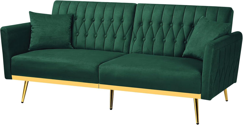 70' Velvet Futon Sofa Bed w/Adjustable Backrests and Armrests, Convertible Futon Couch with 2 Pillows, Modern Tufted Sleeper Bed for Living Room, Bedroom,Green
