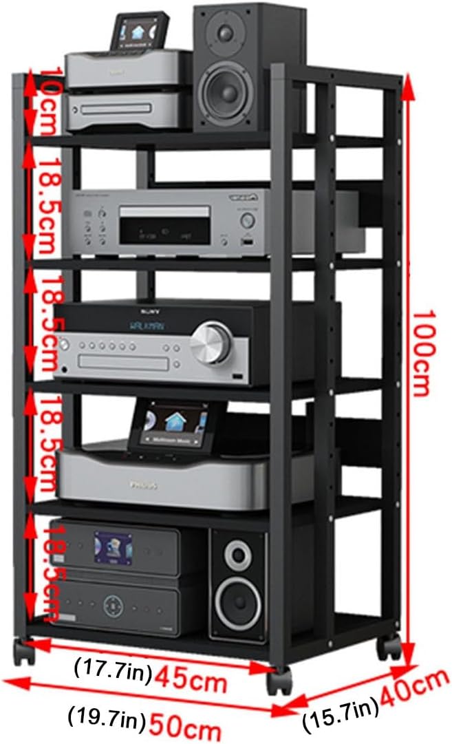 SOBS Multifunction 5 Tier Movable Storage Cart DVD CD Player Stand Amplifier Rack Audio Video Component Media Stand with 5 Wooden Board Shelves for Home/Office/Theater, Black (Color : B)