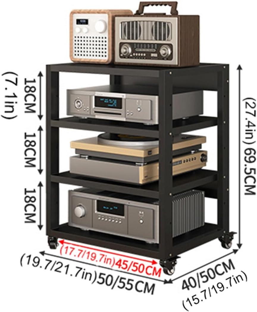 5 Tier Audio Video Media Stand Cabinet - Multifunctional Stereo Rack with Wheels for DVD/CD Players & Amplifiers - Open Storage Shelf for Home Office (50x40x69.5cm)