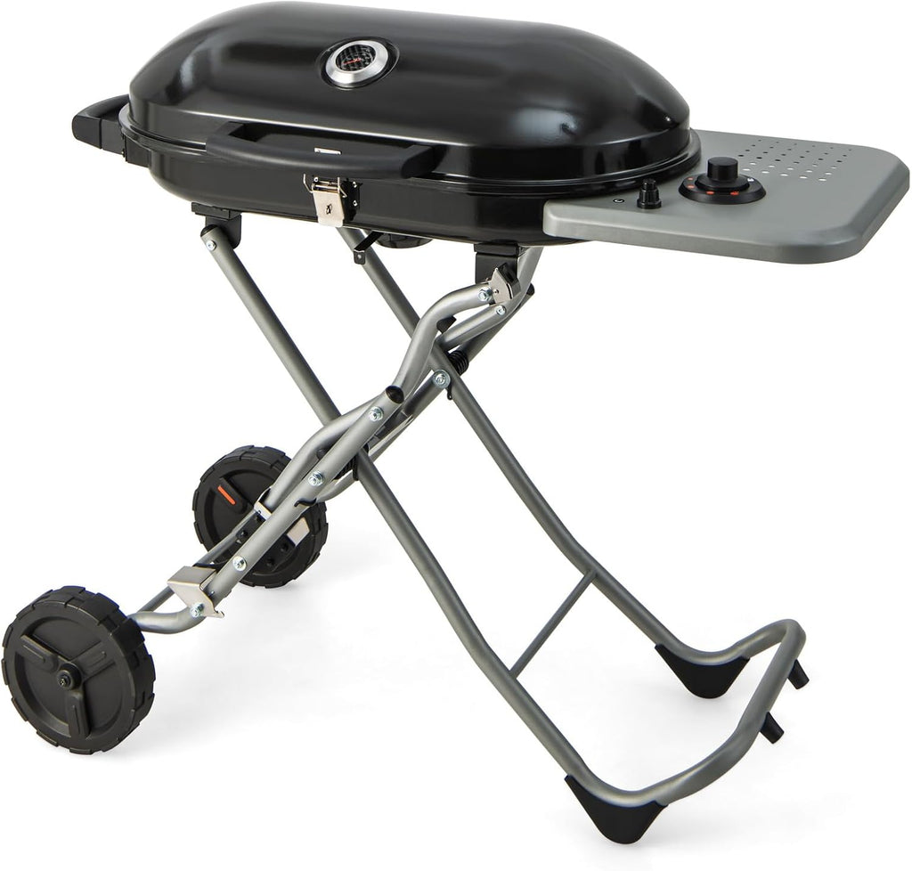 Giantex Portable Propane Gas Grill with 15,000 BTUs Burner, Side Table, 2 Wheels, Grease Tray, Metal Frame, Folding Stand-Up Propane Gas Grill for Outdoor Cooking Camping Barbecue (Black)