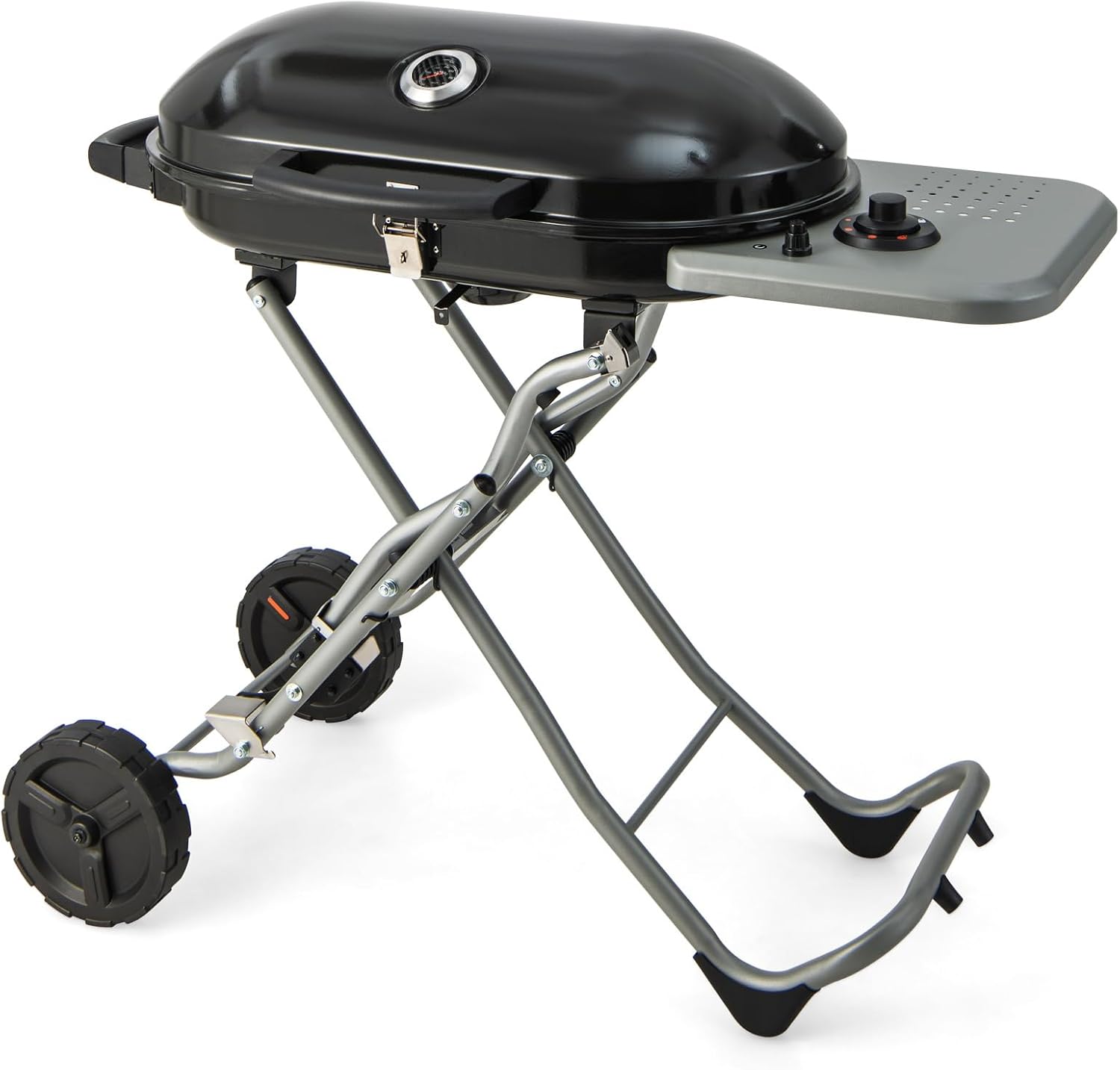 Giantex Portable Propane Gas Grill with 15,000 BTUs Burner, Side Table, 2 Wheels, Grease Tray, Metal Frame, Folding Stand-Up Propane Gas Grill for Outdoor Cooking Camping Barbecue (Black)