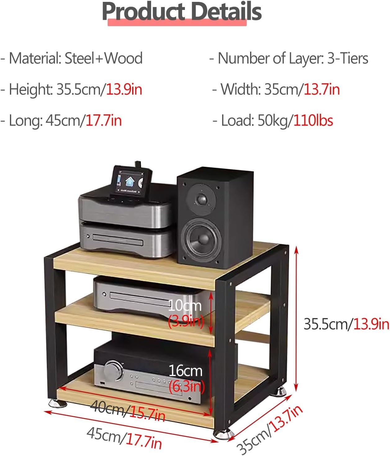 Small Media Stereo Stand Equipment Shelf - Free Standing Home & Commercial Audio Component Rack - Entertainment Stand with 25mm Thickened Plate for Soundbar, Woofer, 3-Tiers