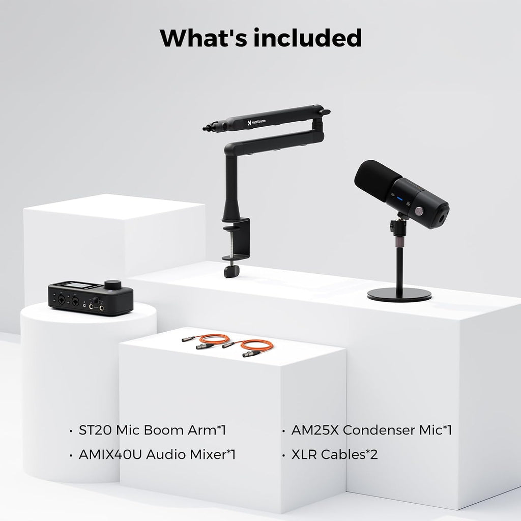 NearStream PodPro Solo Podcast Equipment Bundle with 1 Podcast Microphone, 1 Audio Interface, 1 Mic Boom Arm, 2 XLR Microphone Cable, for Podcast/Livestream/Sound Creation