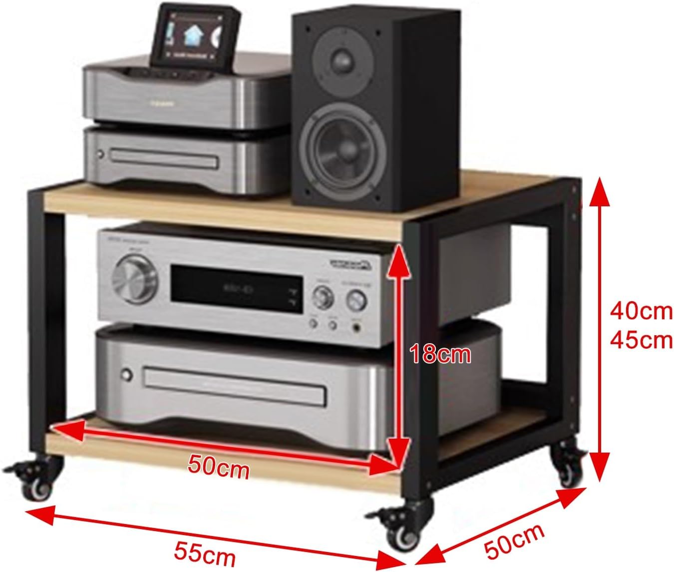 2/3/4/5-Tier Audio Component Rack with Wheels, Heavy Duty AV Media Stand HiFi Amplifier Rack, Home Storage for Record Player, Audio/Video Equipment(Black+Brown,L55xW50xH45cm)