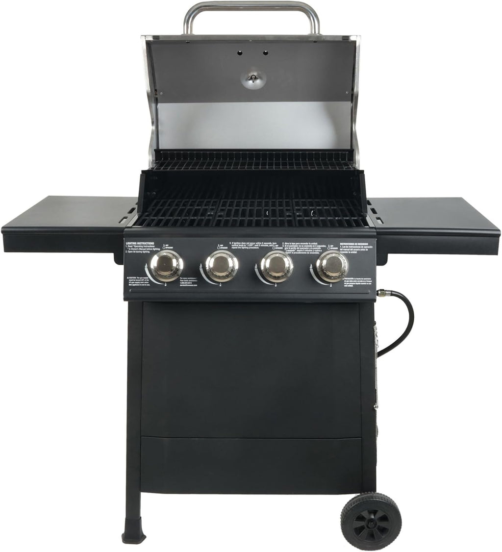 Grill Boss 4-Burner Outdoor Propane Gas Grill with Side Shelves, Stainless Steel Lid, Push Ignition, Warming Rack, Wheels, Black