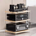 Modern Media Storage Cabinet with Adjustable Shelves - 3-Tier Audio Video Stand for Record Players & Stereo Components - Stylish Acrylic & Wood AV Rack for Home Entertainment
