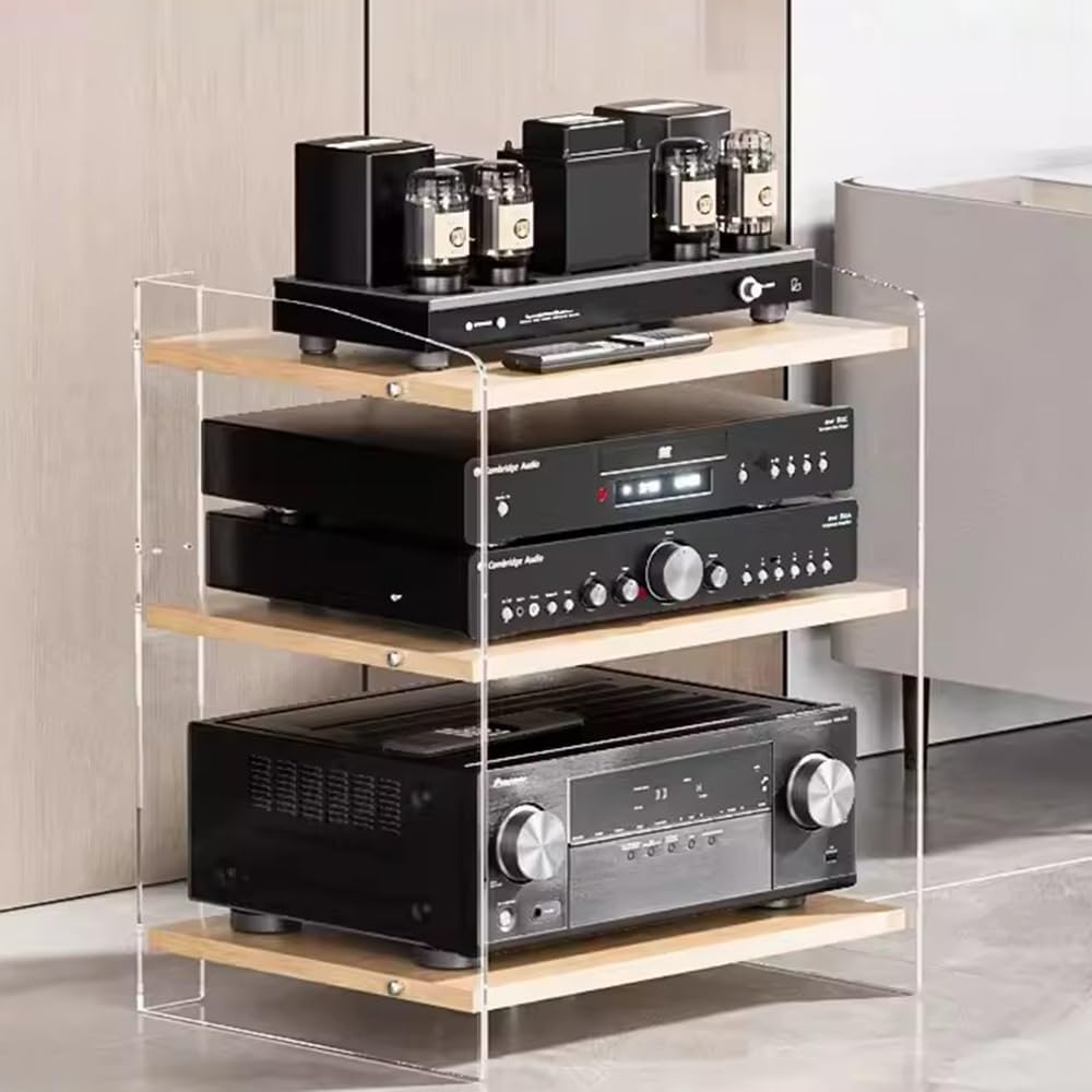 Modern Media Storage Cabinet with Adjustable Shelves - 3-Tier Audio Video Stand for Record Players & Stereo Components - Stylish Acrylic & Wood AV Rack for Home Entertainment