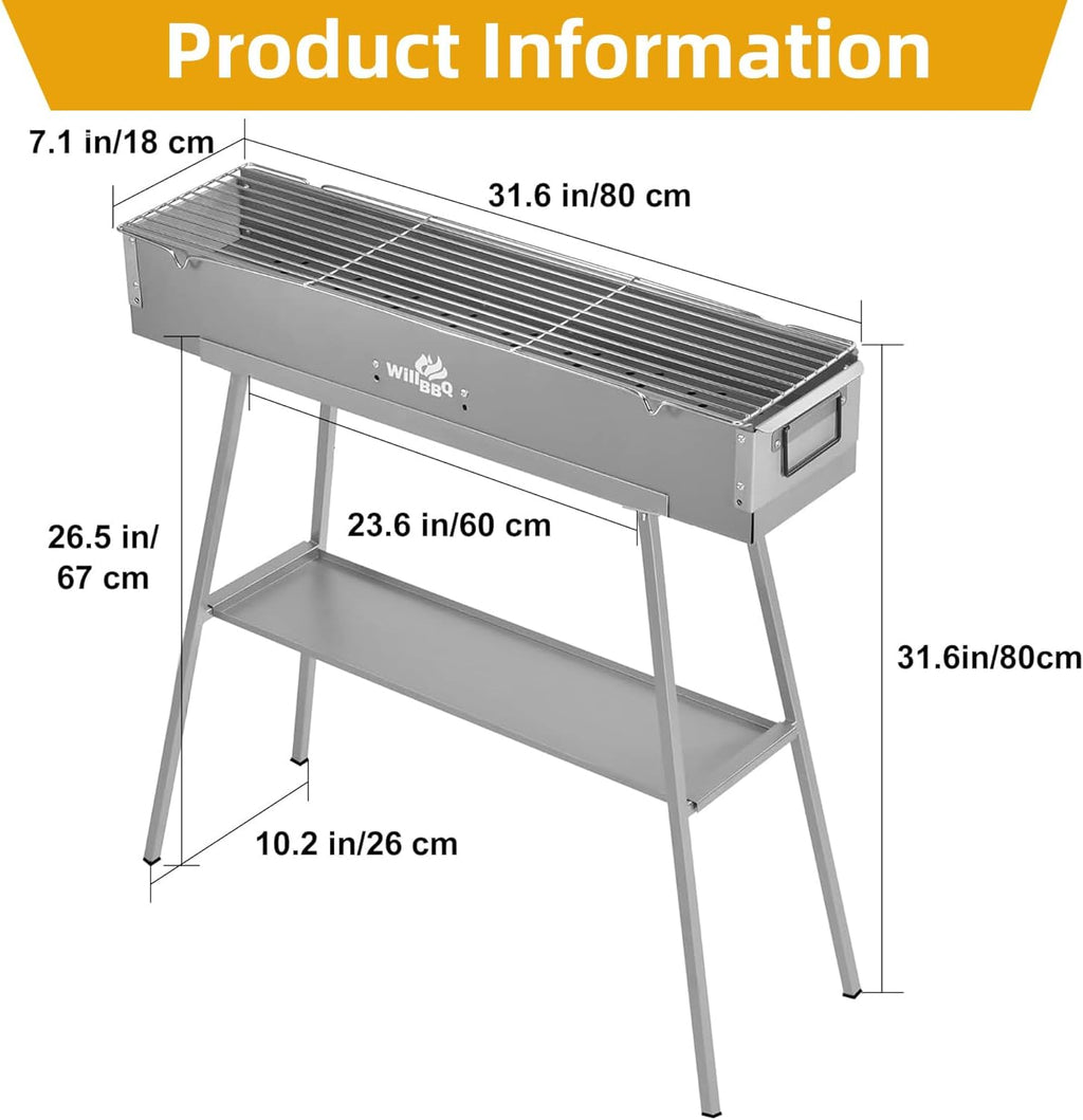 WILLBBQ Charcoal Grill for Tailgate Patio Beach Backyard, Alloy Steel BBQ Barbecue Outdoor Grilling with Durable Support Frame and Dual Adjustable Vents (31.6x7.1x5.1 inch With Accessories)