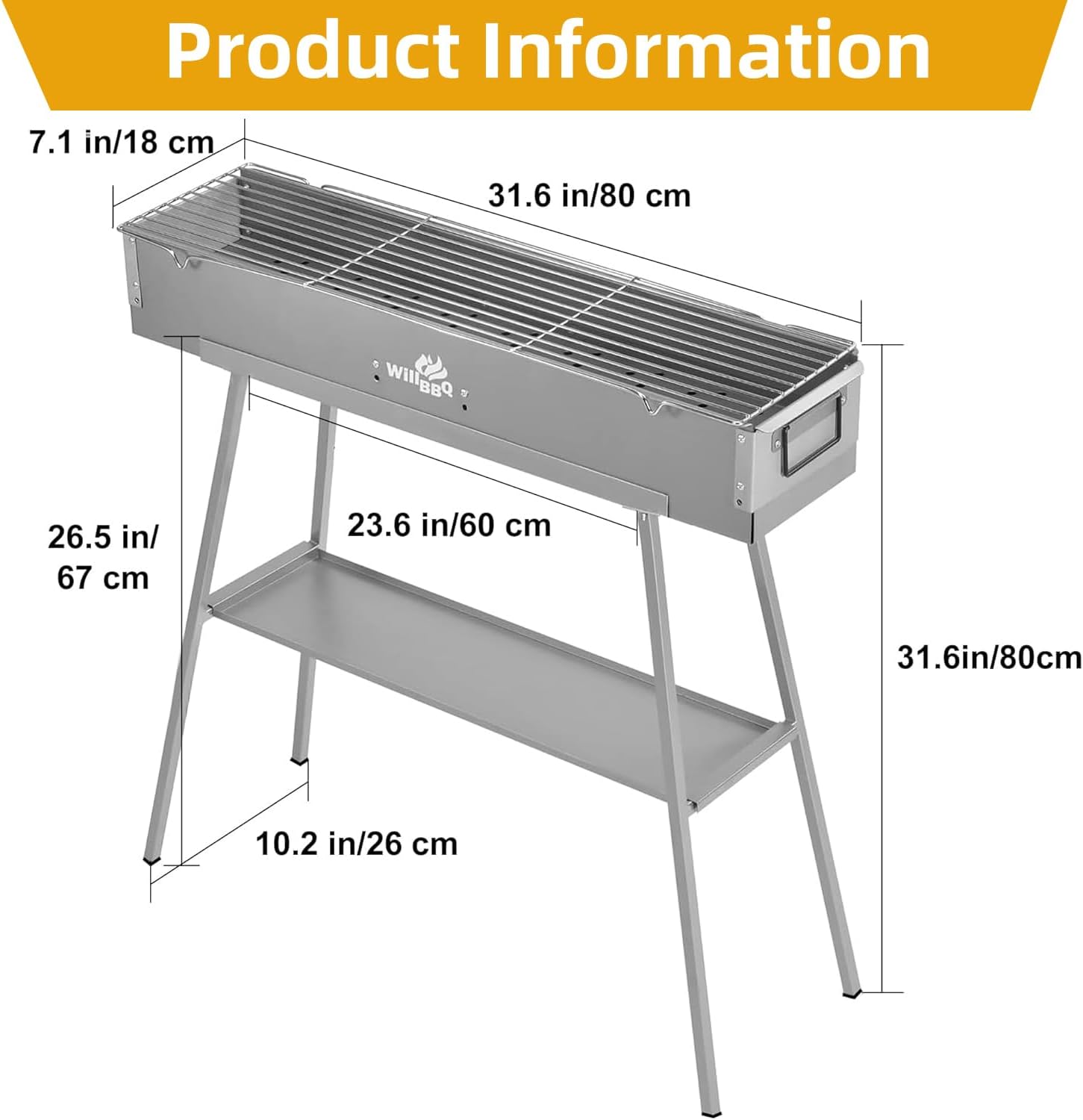 WILLBBQ Charcoal Grill for Tailgate Patio Beach Backyard, Alloy Steel BBQ Barbecue Outdoor Grilling with Durable Support Frame and Dual Adjustable Vents (31.6x7.1x5.1 inch With Accessories)