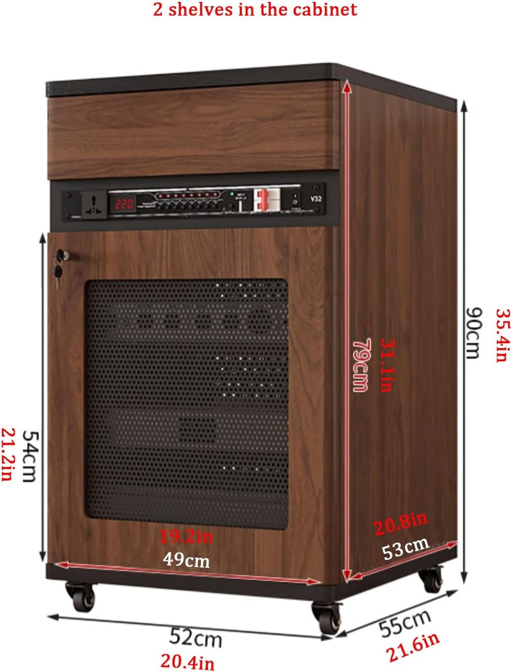 Brown Stereo Cabinet with Lockable Drawer, Mobile AV Rack on Wheels, Media Storage Unit with Cable Management, Adjustable Shelves for Home Audio (52x55x90cm)
