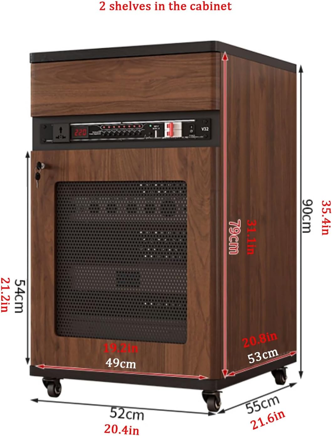 Brown Stereo Cabinet with Lockable Drawer, Mobile AV Rack on Wheels, Media Storage Unit with Cable Management, Adjustable Shelves for Home Audio (52x55x90cm)