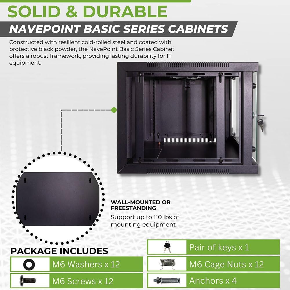 NavePoint 6U Wall Mount Network Cabinet for 19' IT Equipment with Lockable Glass Door & Removable Side Panels, 2 Fans, 17.7' Deep, Pre-Assembled