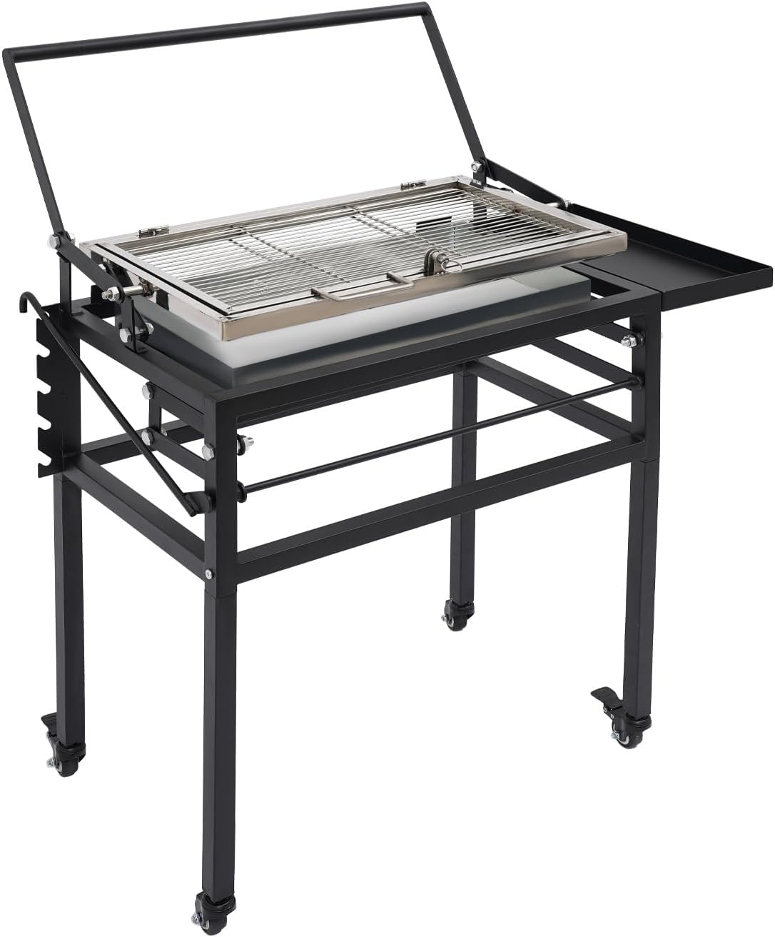 360° Rotating Charcoal Grill with Cart & Wheels, Heavy Duty Portable BBQ for Outdoor Camping, Backyard, Garden Parties | Removable Ash Tray & Adjustable Frame, 8 People, 0.7mm Steel, Black