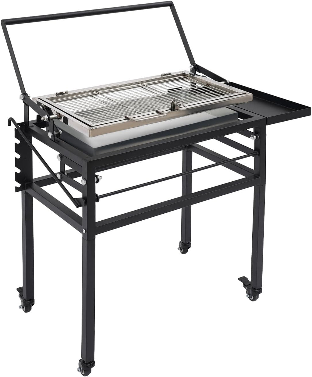 360° Rotating Charcoal Grill with Cart & Wheels, Charcoal Flip Grill for BBQ, Heavy Duty Square Outdoor Detachable Portable Grill for Camping, Picnic, Patio & Backyard Parties