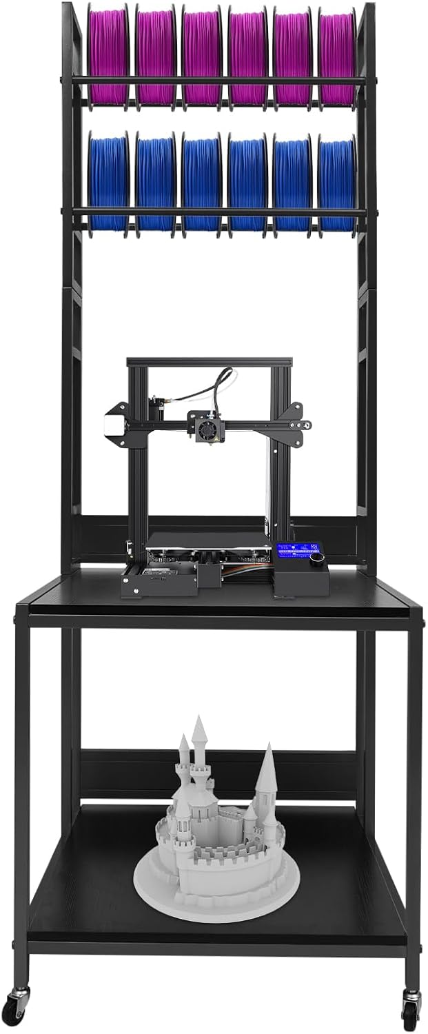 3D Printer Stand with Filament Storage, Heavy Duty 2-Tier Mobile Printer Table with Wheels, 110Lbs Capacity 3D Printer Table with Filament Spool Holder Rack for Workshop Studio Office Home (Black)