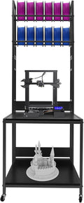 3D Printer Stand with Filament Storage, Heavy Duty 2-Tier Mobile Printer Table with Wheels, 110Lbs Capacity 3D Printer Table with Filament Spool Holder Rack for Workshop Studio Office Home (Black)