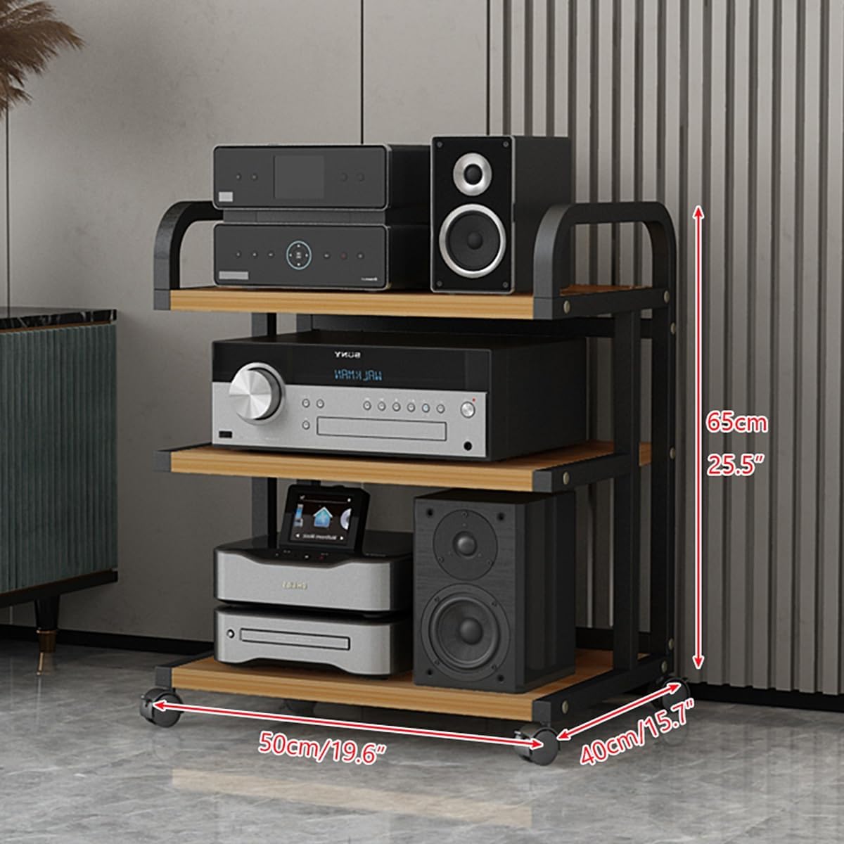 3-Tier HiFi Multimedia Stand with Wheels, Steel Storage Rack for Stereo Components, Adjustable Audio Shelf for Living Room & Bedroom, 65CM/26IN Height