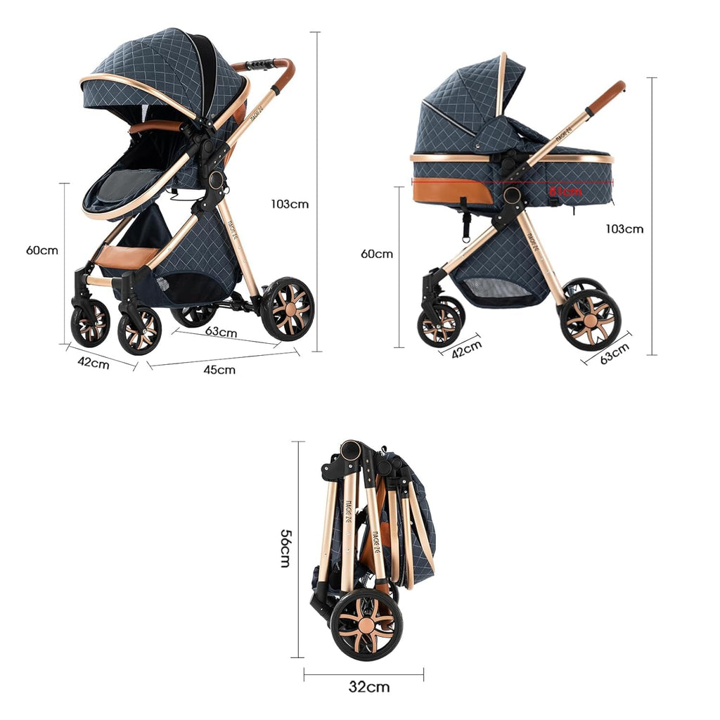 Convertible Baby Stroller:Full-Size Reversible Bassinet & Toddler Seat,Foldable Design with UPF 50+ Canopy,Bug Shield,Rain Shield,All-Weather Storage – Newborn to 36 Months(Black&Gold)
