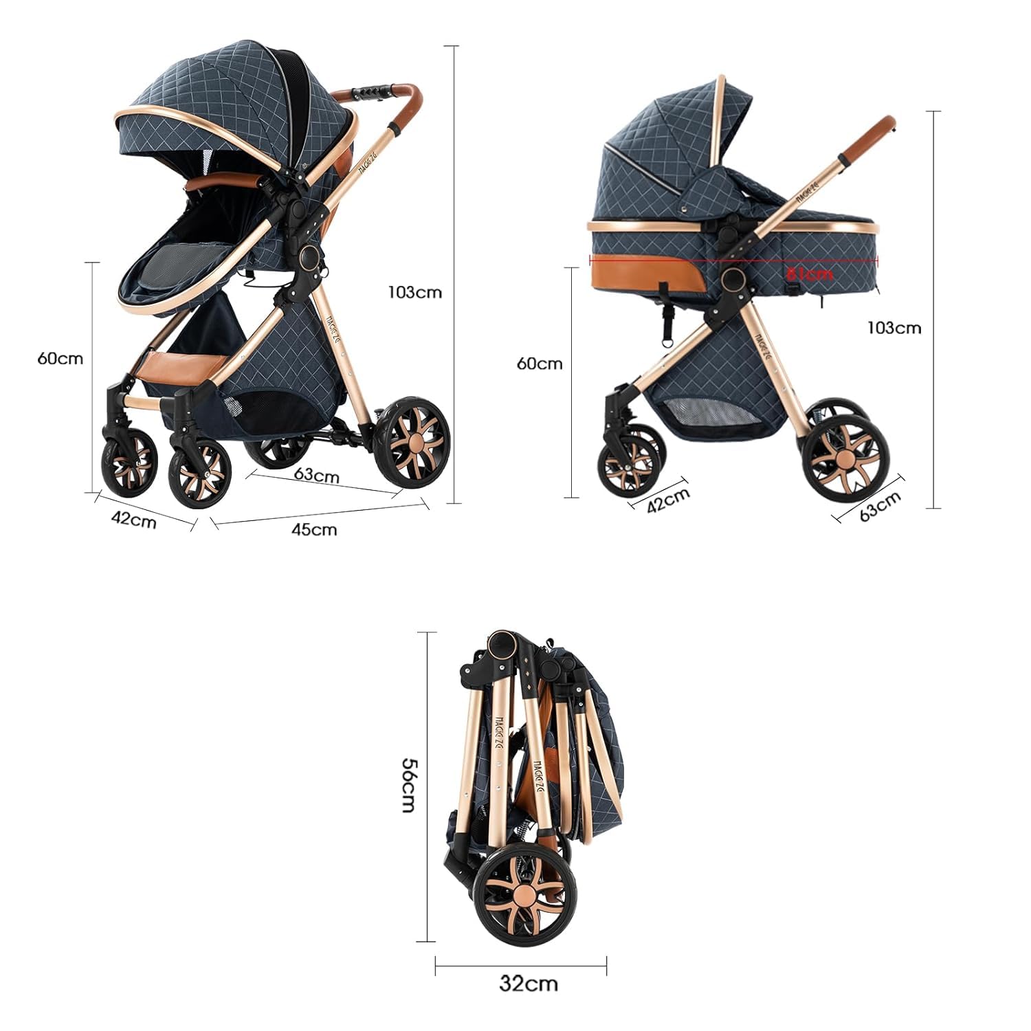 Convertible Baby Stroller:Full-Size Reversible Bassinet & Toddler Seat,Foldable Design with UPF 50+ Canopy,Bug Shield,Rain Shield,All-Weather Storage – Newborn to 36 Months(Black&Gold)