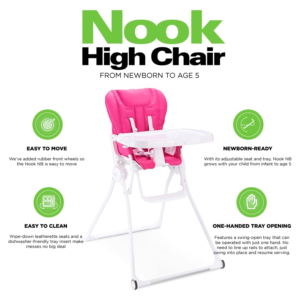 Joovy Nook NB High Chair Featuring Four-Position Adjustable Swing Open Tray, 3-Position Reclining Seat, and Front Wheels for Added Mobility - Folds Down Flat for Easy Storage, Pink Crush