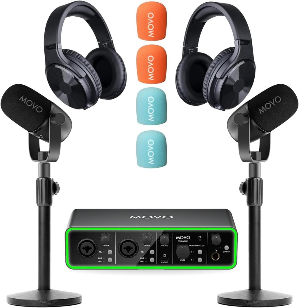 Movo Podcasting Equipment Bundle - Phantom USB Audio Interface, 2 CastMic XLR Dynamic Microphones, 2 Desk Stands and Headphones - Complete Studio Setup for Professional Podcasting and Streaming