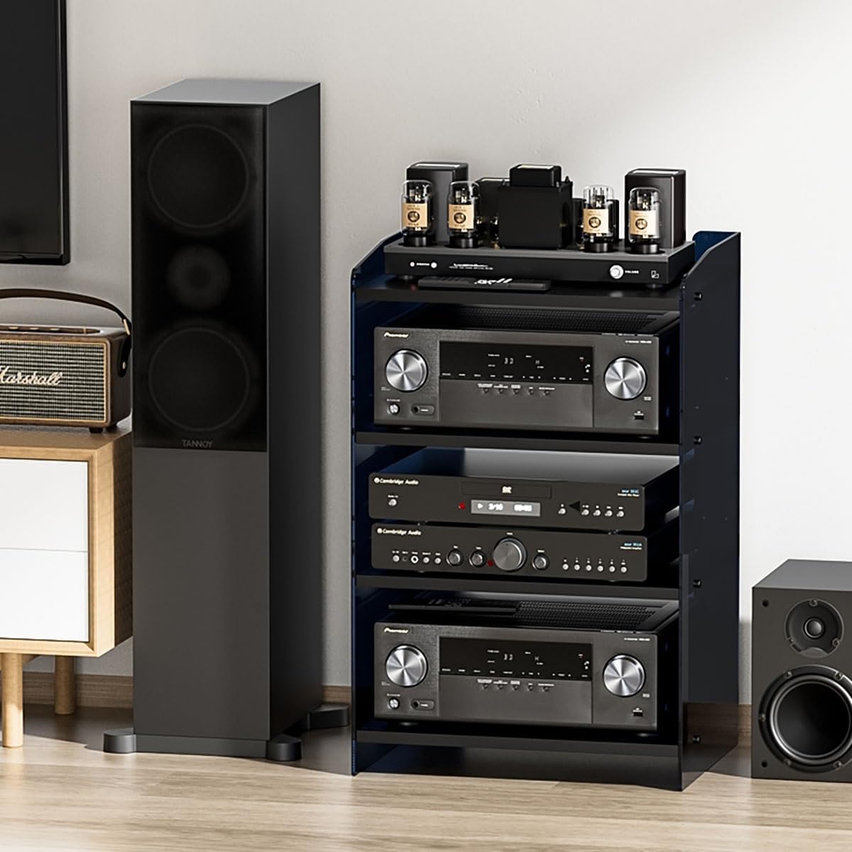 Modern Stereo Cabinet - Adjustable Media Storage Rack for Audio Equipment, Record Player Stand, DVD TV Box & Game Console Organizer, Stylish Black Design with Acrylic Baffle