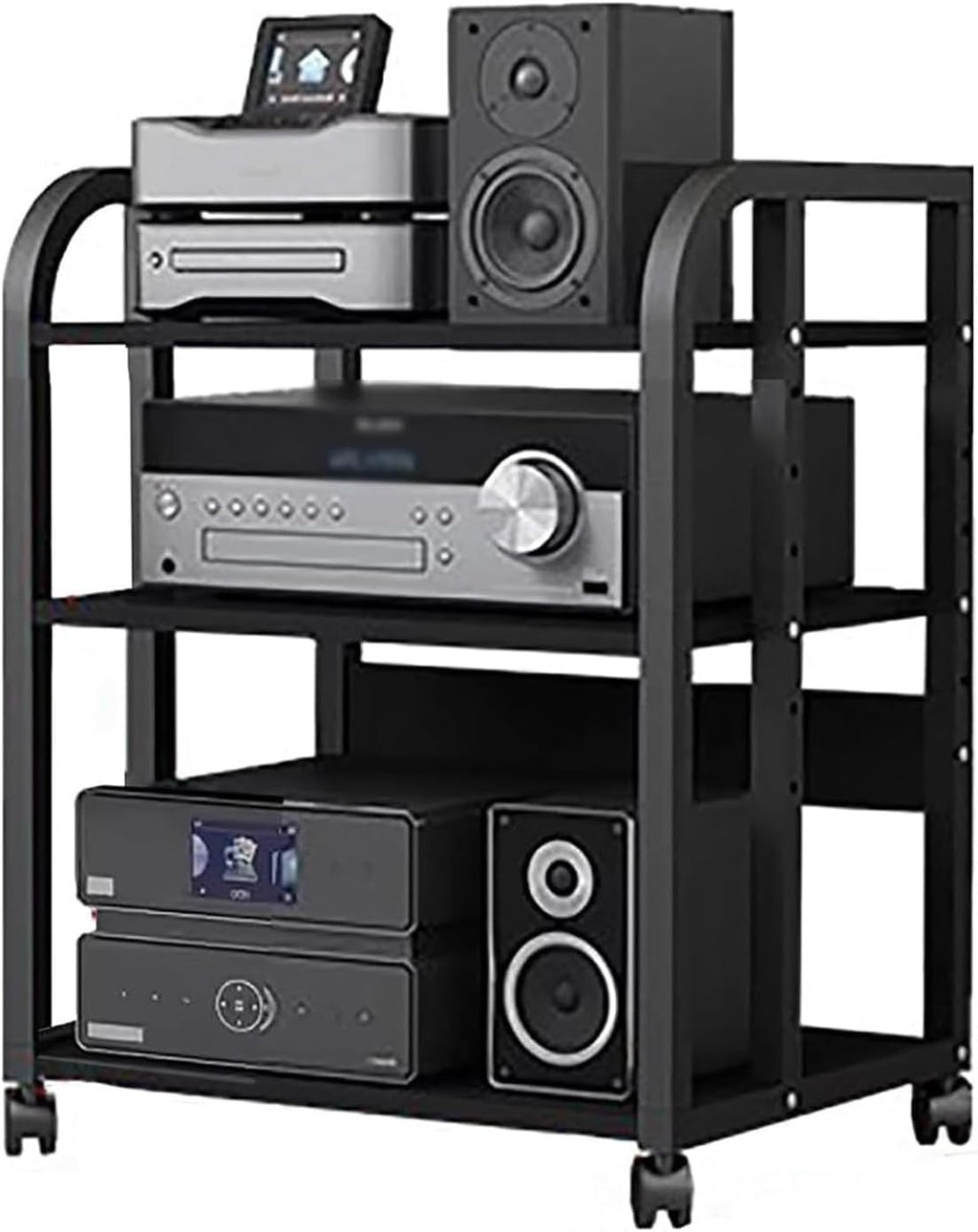 XingLi 3/4/5-Tier Audio Equipment Rolling Cart Rack，Large Stereo Black Storage Cabinet - Office Bedroom Living Room AV Media Shelf(Size:3 Tier-H58.5cm)