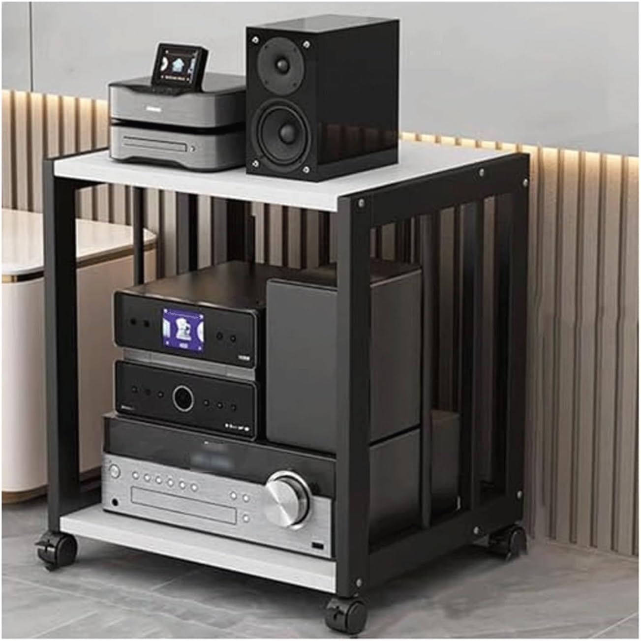 Modern HiFi Audio Stand Rack - Adjustable 2-Tier Media Storage Cabinet with Wheels - Movable White Wooden Console Shelf for Gaming & Audio-Video Equipment
