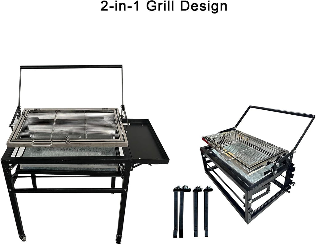 BBQ Charcoal Grill with Cart, Heavy Duty Square Outdoor Detachable Portable Grill, 360° Rotating Cooking Grid Stand-up Grills with Wheels for Camping Garden Commercial Barbeque