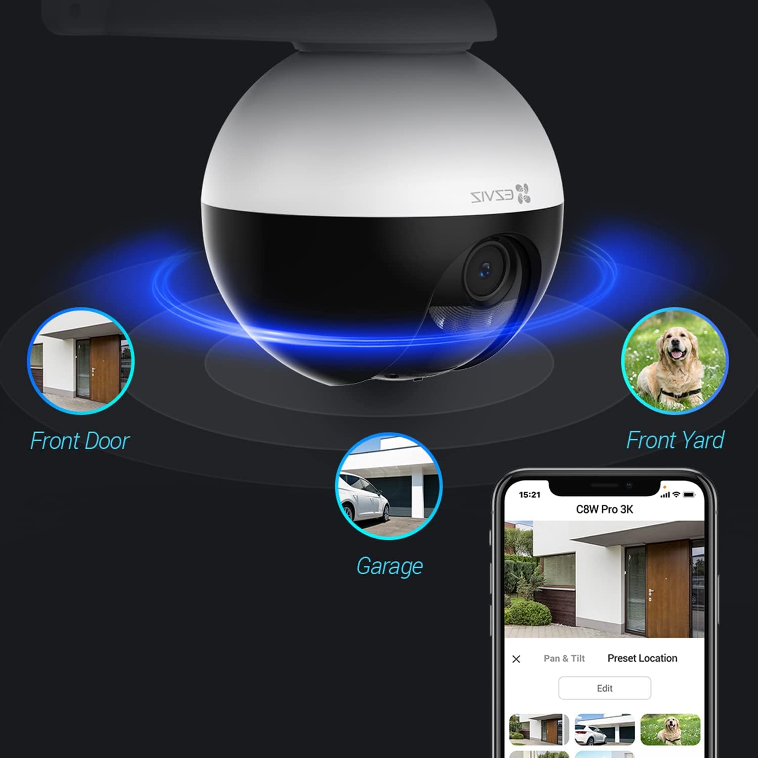 EZVIZ Outdoor Auto-Tracking Camera, 3K, 12 Pre-Set dots Tracking,360° Visual Coverage, Waterproof, Color Night Vision, AI-Powered Person and Vehicle Detection,Two-Way Talk| C8W Pro 3K (4mm)