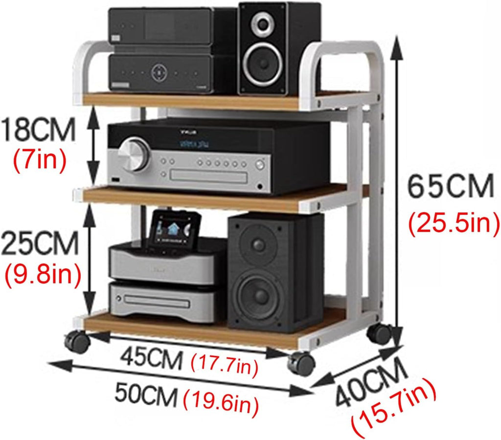WDJBPSH Floorstanding DVD CD Player Stand, Audio Media Equipment Storage Rack with Wooden Shelf, Home Gaming Consoles Organizer Holder with Brake Wheels & Handrails(Size:3-Tier)