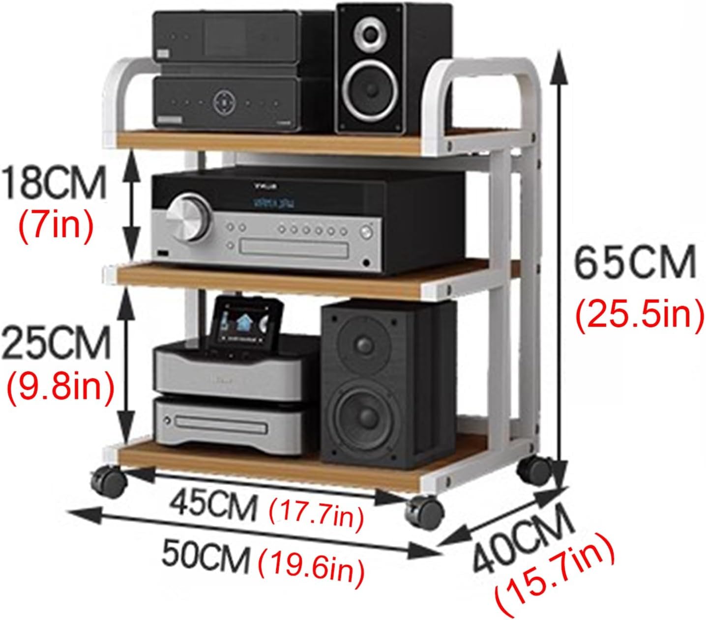 WDJBPSH Floorstanding DVD CD Player Stand, Audio Media Equipment Storage Rack with Wooden Shelf, Home Gaming Consoles Organizer Holder with Brake Wheels & Handrails(Size:3-Tier)