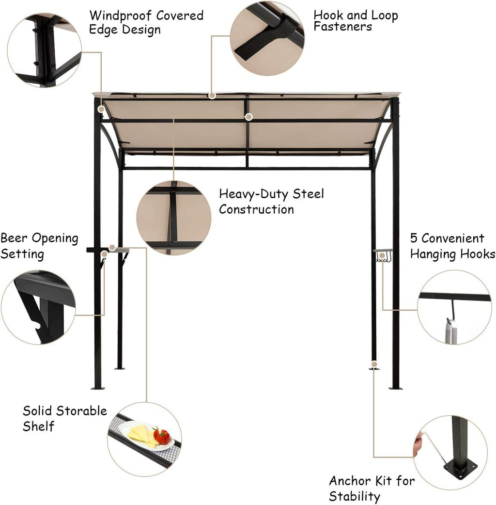 Giantex 7x4.4ft Grill Gazebo, Patio Outdoor Backyard BBQ Canopy Shelter, Soft Top, Heavy-Duty Steel Construction, Storage Shelf, Hanging Hooks, Bear Opening Setting, Anchor Kit (Beige)