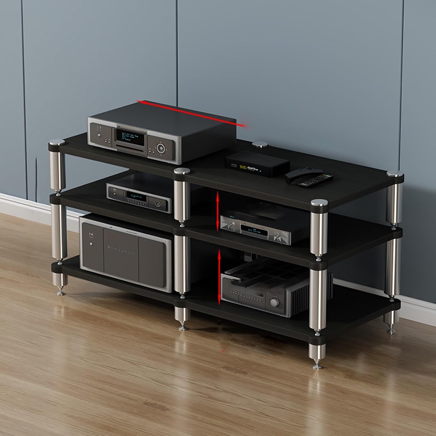 Multifunctional Stereo Rack & Media Storage Cabinet - 2/3/4-Tier AV Stand, Corner Shelf for Audio Equipment, Movable Entertainment Center, Video Game Console Organizer - Dark Finish