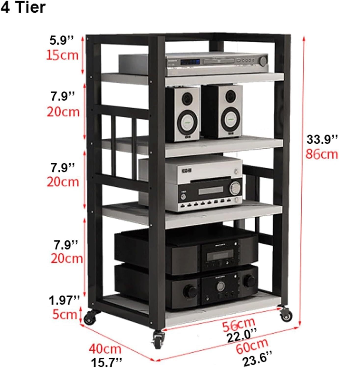 Audio Rack 4 Tier Stereo Rack Audio Equipment Rack Wooden Audio Rack Cabinet Open HiFi Rack with Wheels Audio Component Rack Durable(Nero)