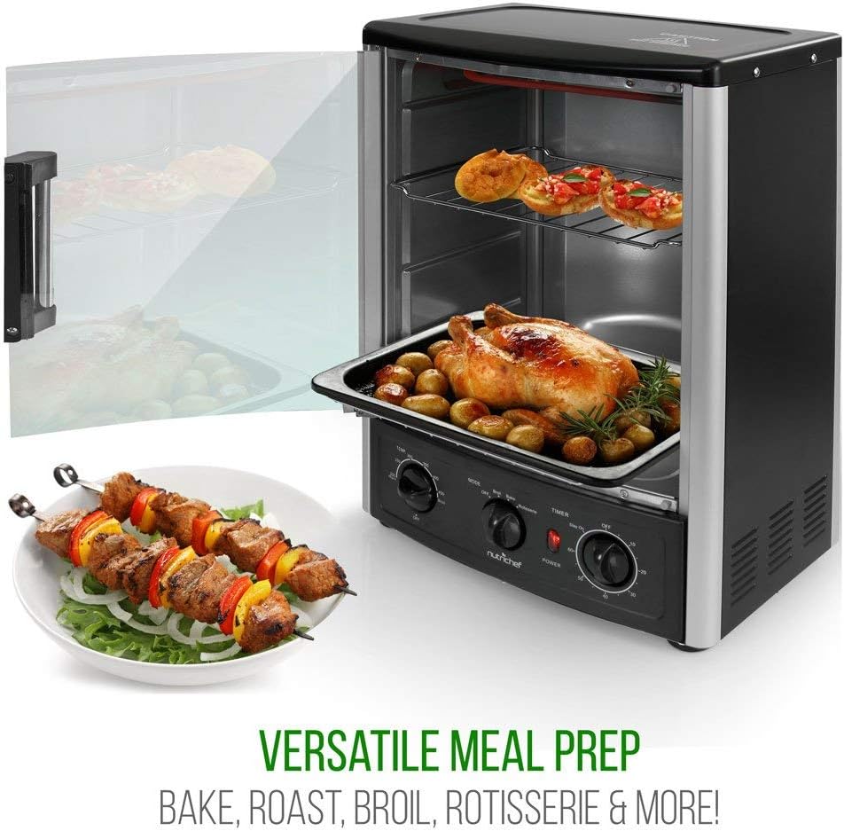 Nutrichef Vertical Countertop Oven with Rotisserie, Bake, Broil, & Kebab Rack Functions - Adjustable Settings - 2 Shelves - 1500W - Thanksgiving Turkey - Includes Grill, Kebab skewer racks & bake pan