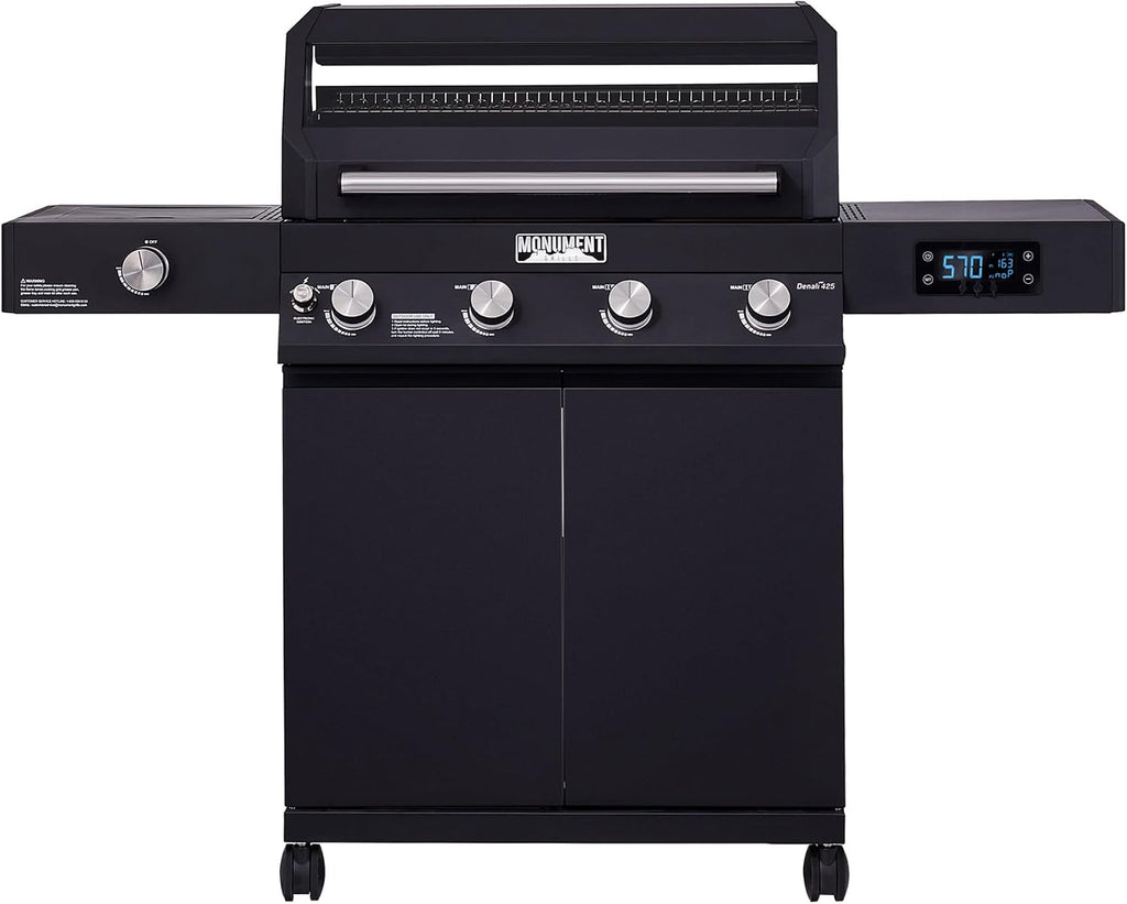 Monument Grills Denali Series, 4+1 Liquid Propane Gas Smart BBQ Grill, 4 Burners & 1 Side Burner Denali 425 with Smart Technology and Knob Controls, Black